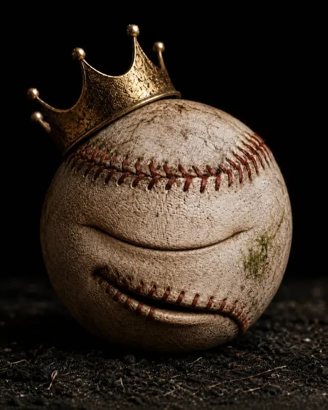 The King, a crowned baseball, with his eye closed
