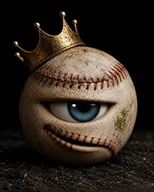 The King, a crowned baseball, looking smug